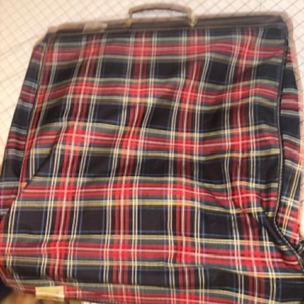 Vintage Tartan Plaid Hanging Suit Garment Bag - Leather Handle Original Hardware